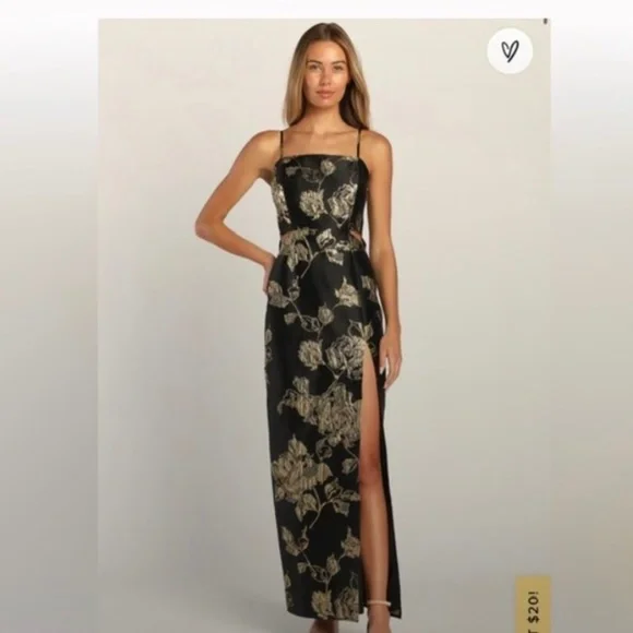 Lulus | Dresses | Lulus Charming Beauty Black Gold Floral Jacquard  Sleeveless Maxi Dress | Poshmark